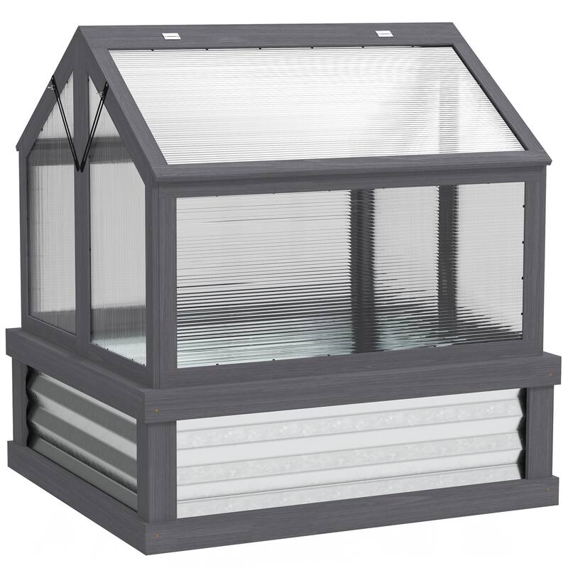 Outsunny Raised Garden Bed with Polycarbonate Greenhouse, Garden Wooden Cold Frame Greenhouse