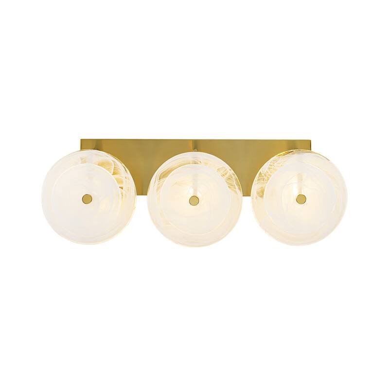 3-Light Mid-Century Modern Brushed Brass Vanity Light with Cloud-Textured Round Glass glass disc