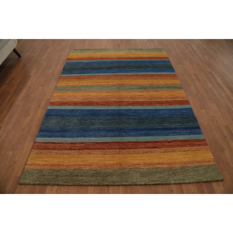 Hand Knotted Oriental 100% Wool Carpet Modern Stripe Multi-Colored Gabbeh Area Rug - 7' 11'' X 5' 6''