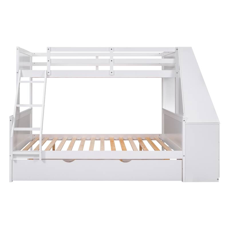 Twin over Full Bunk Bed with Trundle, Built-in Desk, Storage Drawers, and Shelf, White