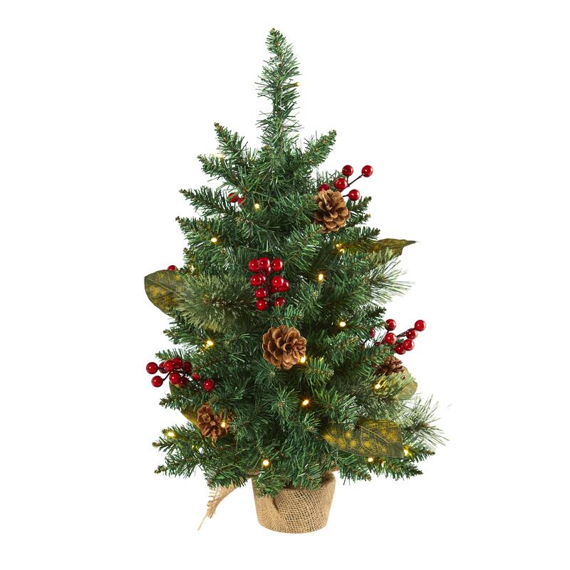 2ft. Pine, Pinecone & Berries Artificial Christmas Tree with 35 LED Lights & 86 Branches - Compact Holiday X-Mas Accent