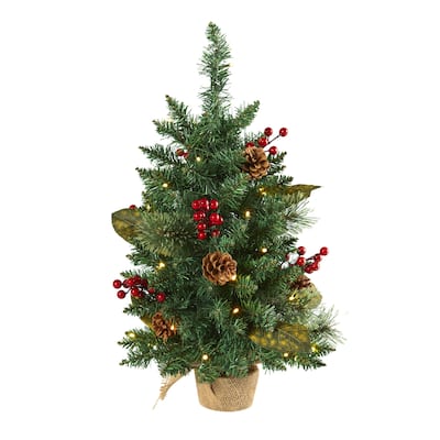 2ft. Pine, Pinecone & Berries Artificial Christmas Tree with 35 LED Lights & 86 Branches - Compact Holiday X-Mas Accent