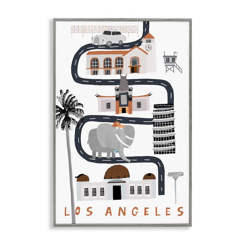 Stupell Los Angeles Whimsical Travel City Framed Giclee Art Design By Carla Daly - 20 x 30 - Grey