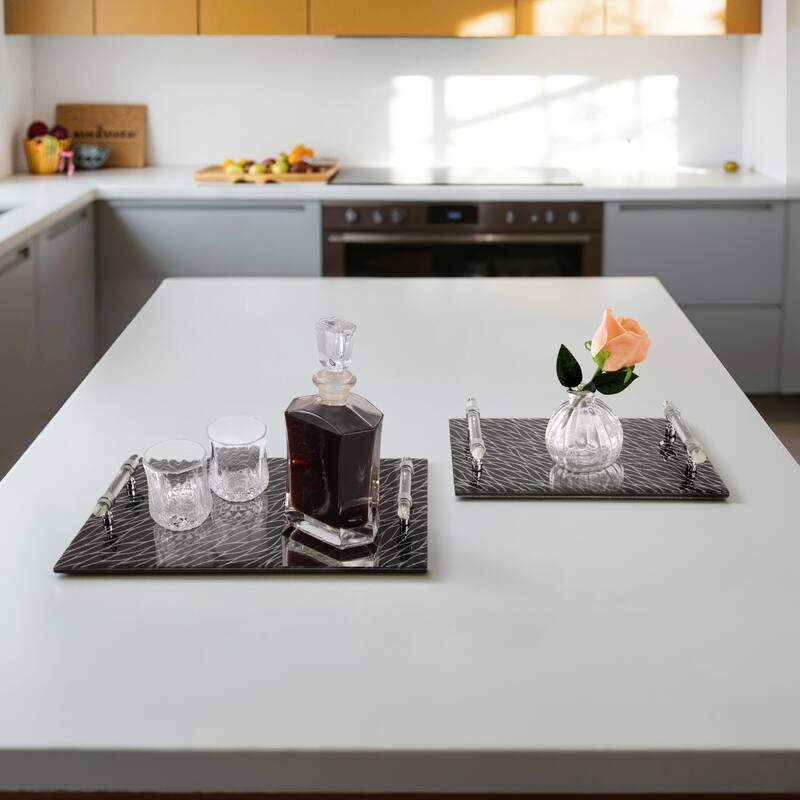 Glass Serving Trays with Modern Handles Stylish Accent (Set of 2) - 16" x 12" x 2"