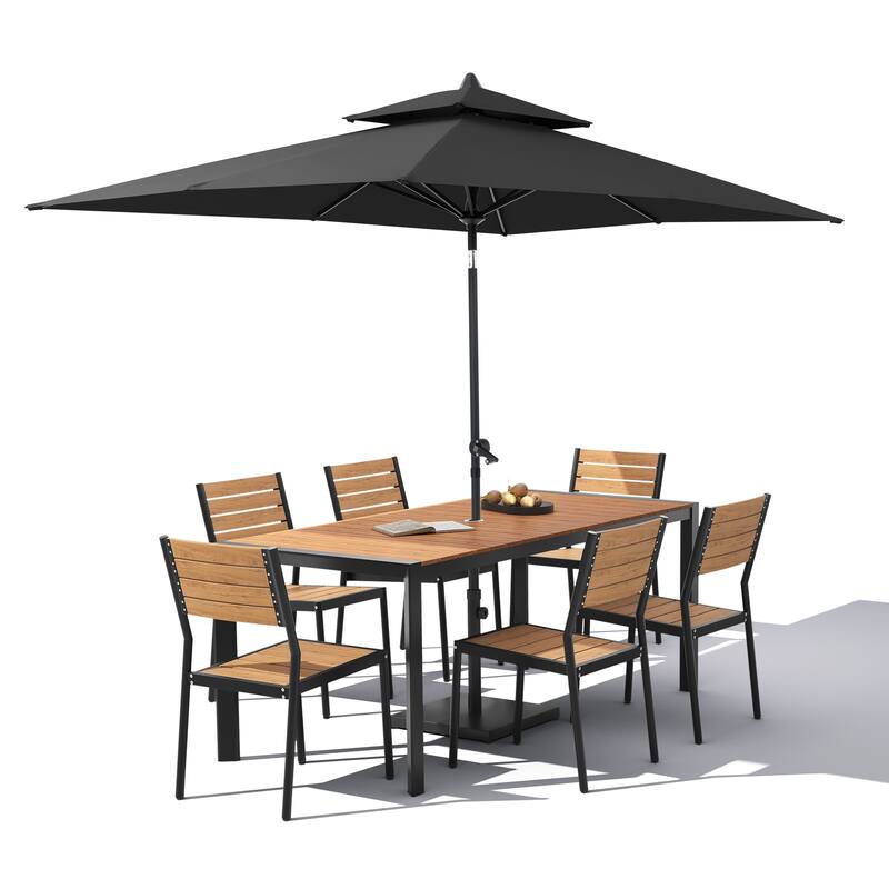 9-Piece Outdoor Patio Dining Set Wood Like Aluminum Umbrella Hole Table with Stackable Chairs, Market Umbrella and Base