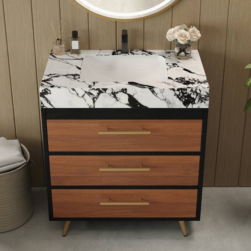 GDFStudio - Athens Modern 29.9" Freestanding Bathroom Vanity with Sintered Stone Top, Ceramic Vessel Sink & Stainless Steel Legs