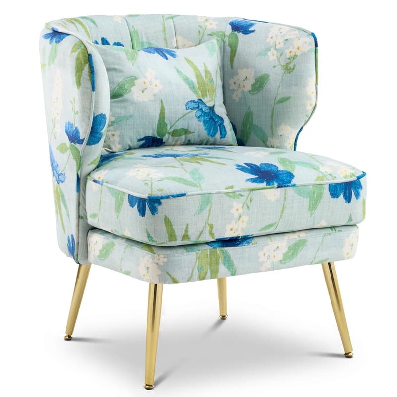 Mid Century Modern Upholstered Reading Chair with Lumbar Pillow, Gold Metal Legs, Small Space Friendly for Living Room Bedroom