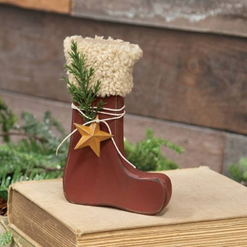 Distressed Primitive Red Wooden Stocking Sitter with Star - 4" x 1" x 6"