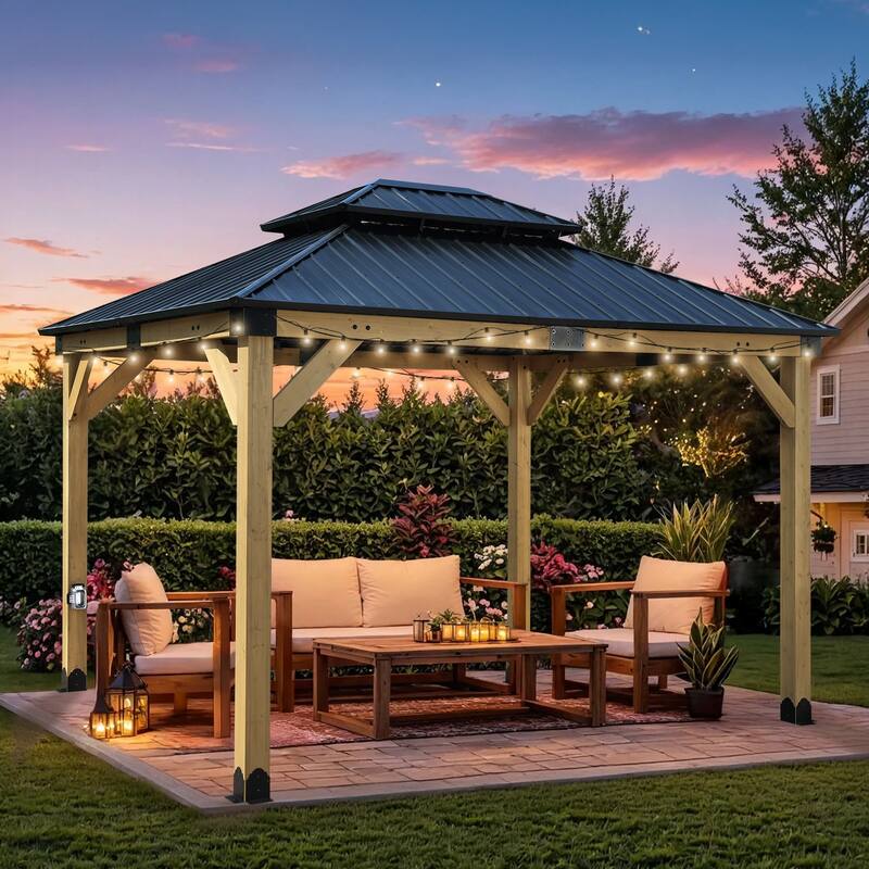 Aoodor 10 x 12 ft Wooden Frame Gazebo with 2-Tier Galvanized Metal Hardtop Roof, Outdoor Patio Gazebo with Charging Socket