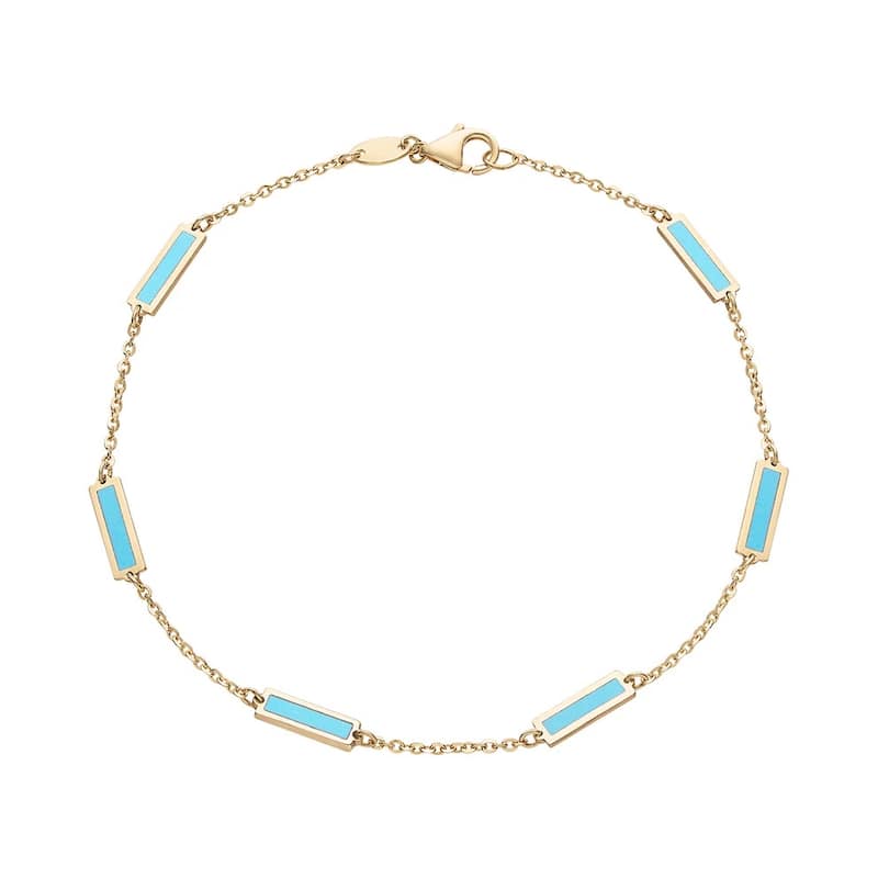 Curata 14k Yellow Gold Italian 7" Inlaid Genuine Gemstone 10X2mm Bar Station Bracelet - Blue Turquoise
