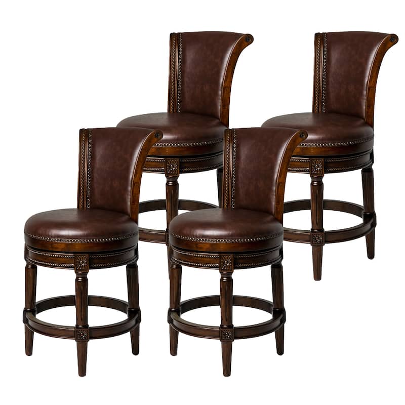 Maven Lane 26" Pullman Swivel Counter Height Kitchen Stool - Set of 4 - Dark Walnut Vegan Leather.