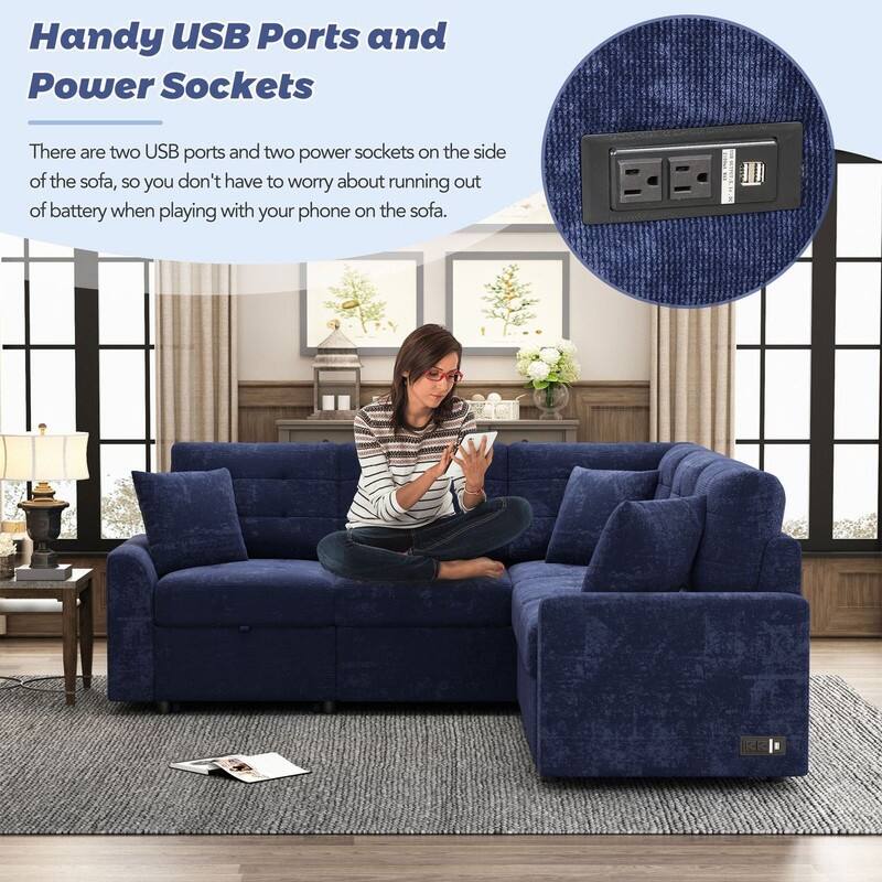 82.6" L-shape Sofa Bed,Sleeper Sofa with Wheels and USB Ports
