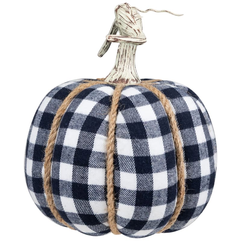 Buffalo Plaid Fall Harvest Pumpkin with Weathered Stem - 7.75" - Blue