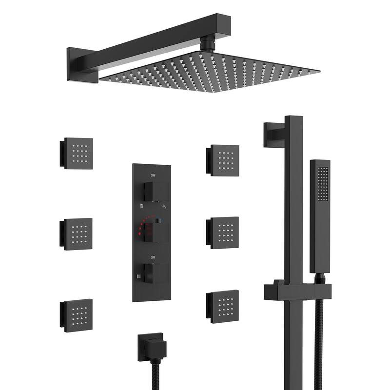Thermostatic Shower System 12" High-Pressure Rainfall Shower Head with Slide Bar Hand Shower