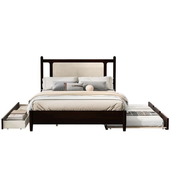 slide 2 of 15, Trundle Platform Bed Queen Size Bed Frame and Twin Size Trundle, with Unique Rattan Headboard 2 Storage Drawer, Elegant Espresso Espresso - Queen