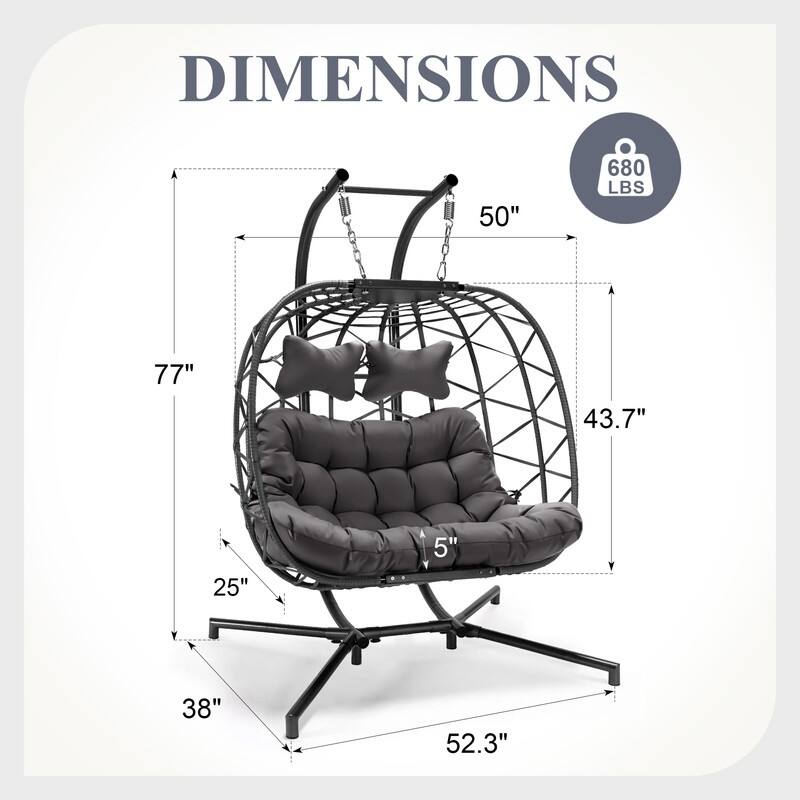 Oversized Outdoor Double Hanging Egg Chair with Cushions, Swing Chair for Indoor or Patio