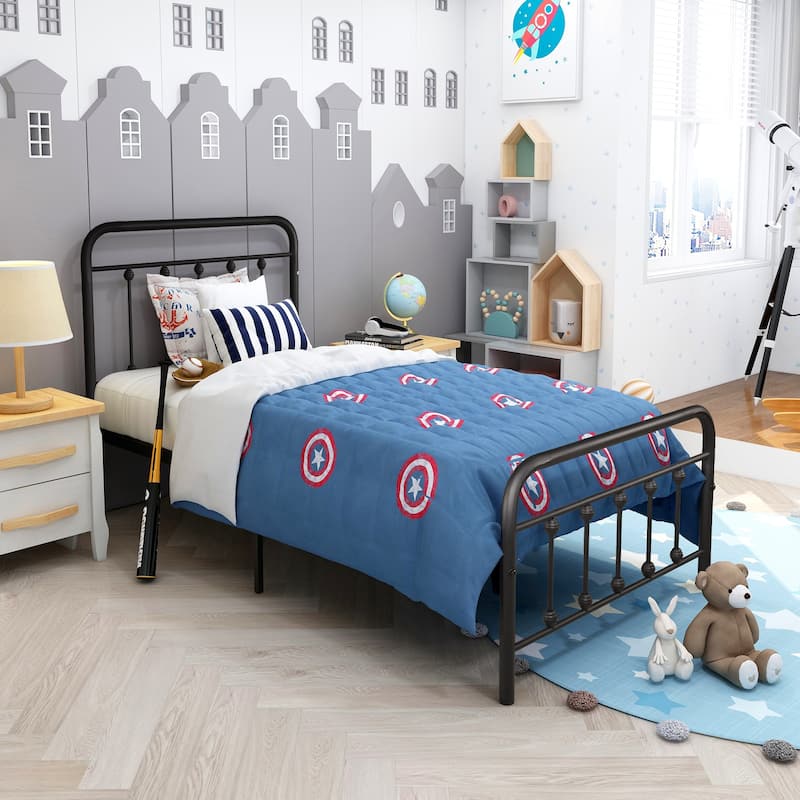Victorian Style Metal Platform Bed Frame with Iron-Art Headboard Footboard, Under Bed Storage, No Box Spring Needed, Noise Free