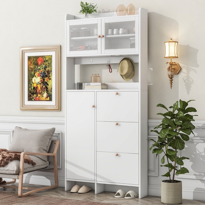 Multifunctional Entryway Hall Tree Shoe Cabinet 3 Tier Drawers Up