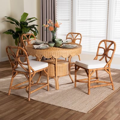 Trenton 5-Piece Rattan Dining Set - Round Wicker Table with Scallop Edge and 4 Side Chairs, Handwoven Boho Coastal Style