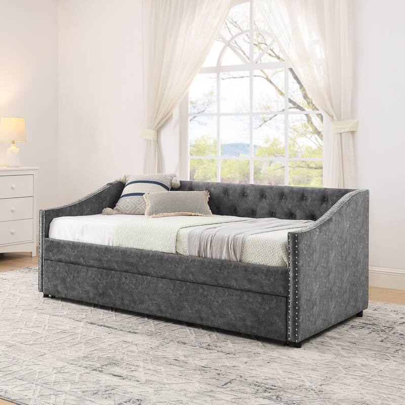Twin Size Extendable Daybed with Pull-Out Bed, USB Charging Ports, Button Tufted Back & Nailhead Trim