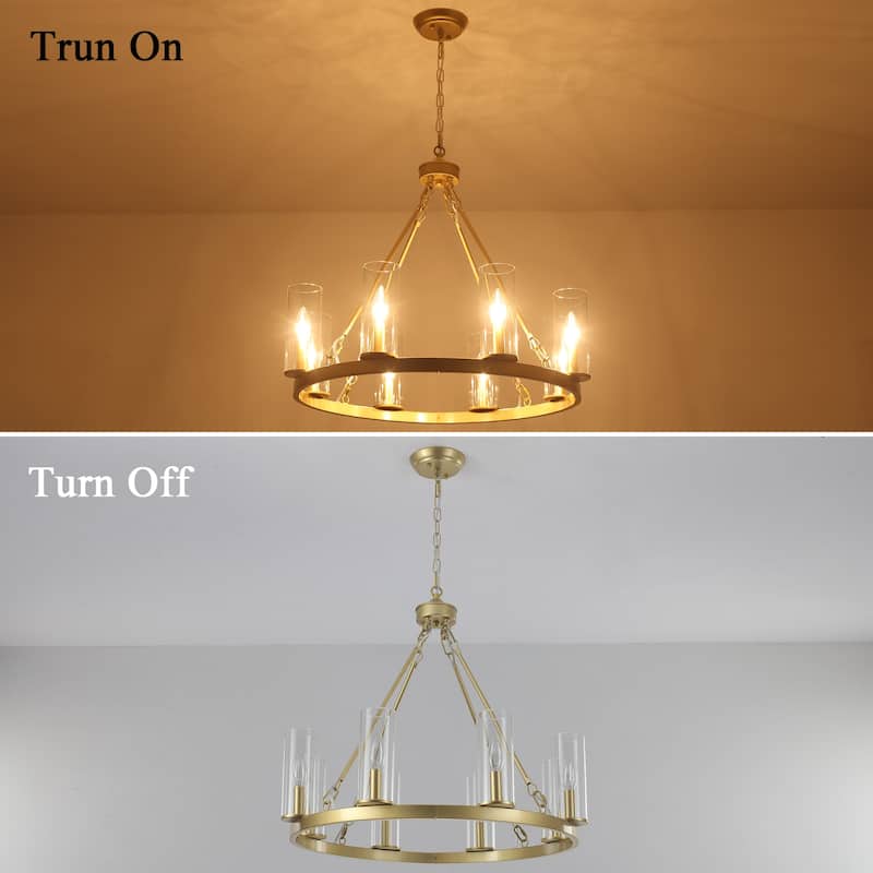 25.98inch 8-light Farmhouse Wagon Wheel Height Adjustable Chandelier With Glass Shade for Multiple Spaces
