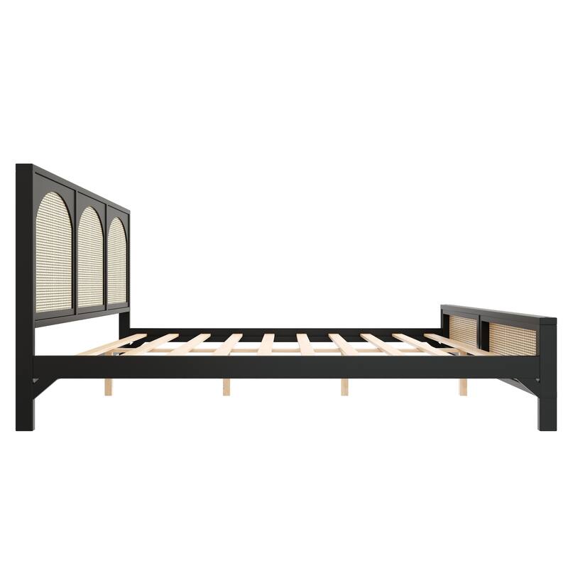 Rattan Low Profile Bed Wood Platform Bed Frame with Rattan Headboard and Footboard, Wood Slat Support, No Box Spring Needed
