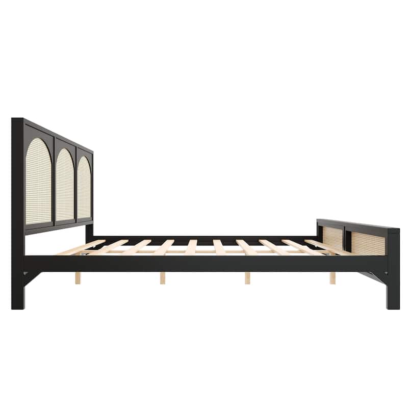 Wood Platform Bed Frame with Rattan Decorations Headboard & Footboard, Slat Support System, No Box Spring Needed, Easy Assembly