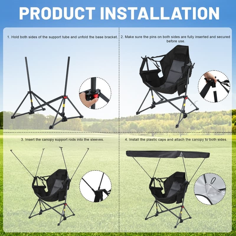 Portable Hammock Camping Chair with Adjustable Canopy, Swing Seat, Cup Holder & Folding Rocking Design