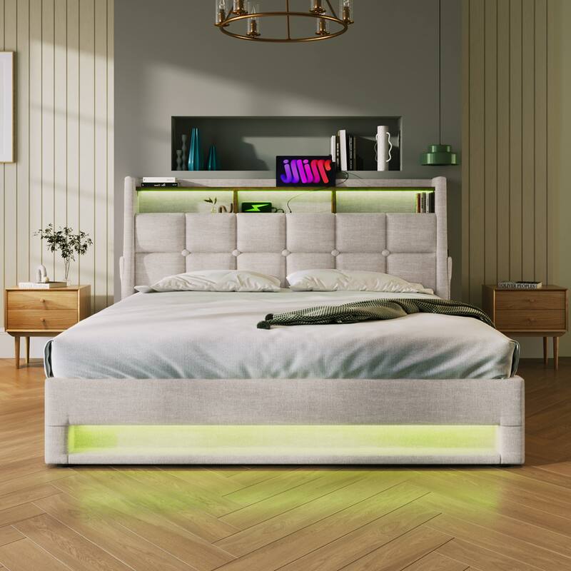 Queen Size Upholstered Bed with Hydraulic Storage, LED, and USB Charging