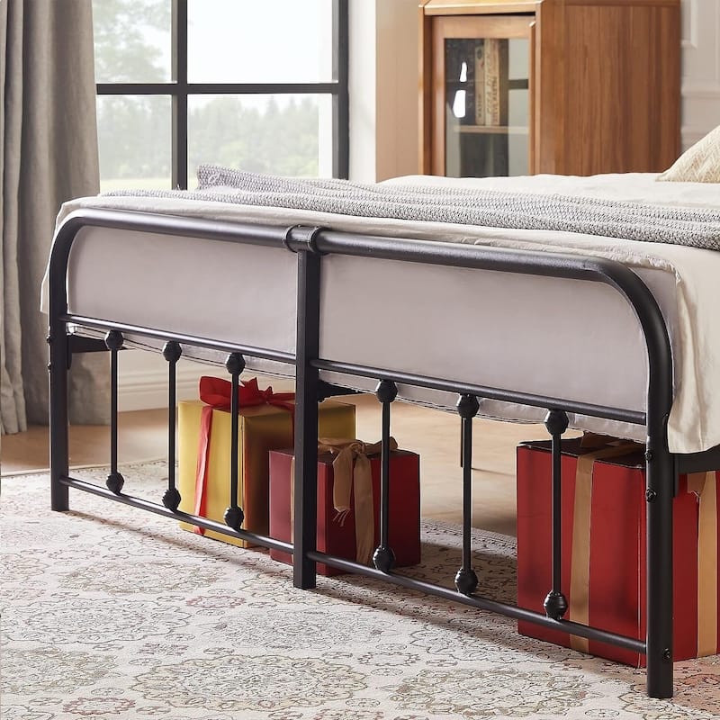Black Metal Bed Frame with Vintage Headboard and Footboard,No Box Spring Needed,Premium Stable Steel Slat Support,Black