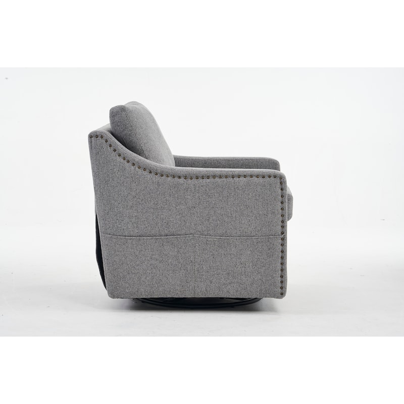 Linen Upholstered Swivel Accent Chair, Ergonomic Single Sofa Chair, Lounge Reading Chair with Nailhead Decor & Metal Base