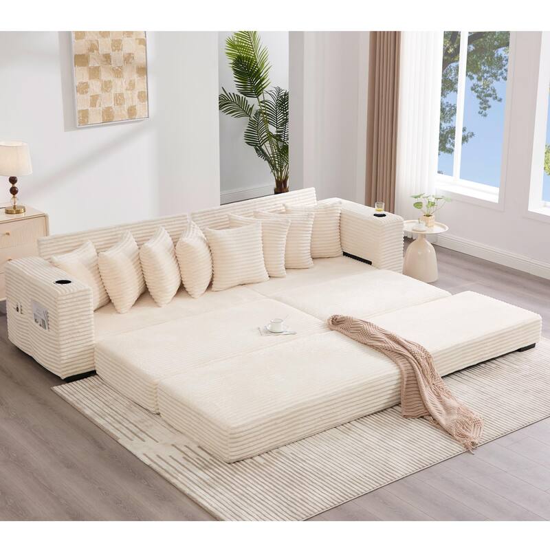 110.75" Corduroy Sectional Sofa, Convertible Sleeper Sofa Bed L-Shaped Upholstered Couch with Removable Footstool, Cup Holder