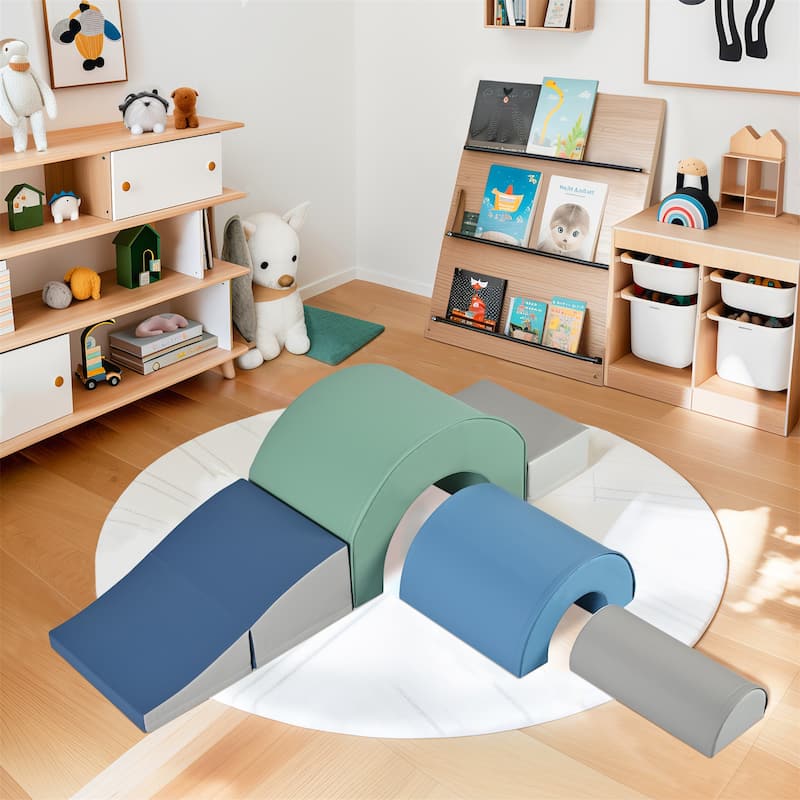 5-Piece Kids Climbing Toys Crawling Mat - Blue+Grey+Green