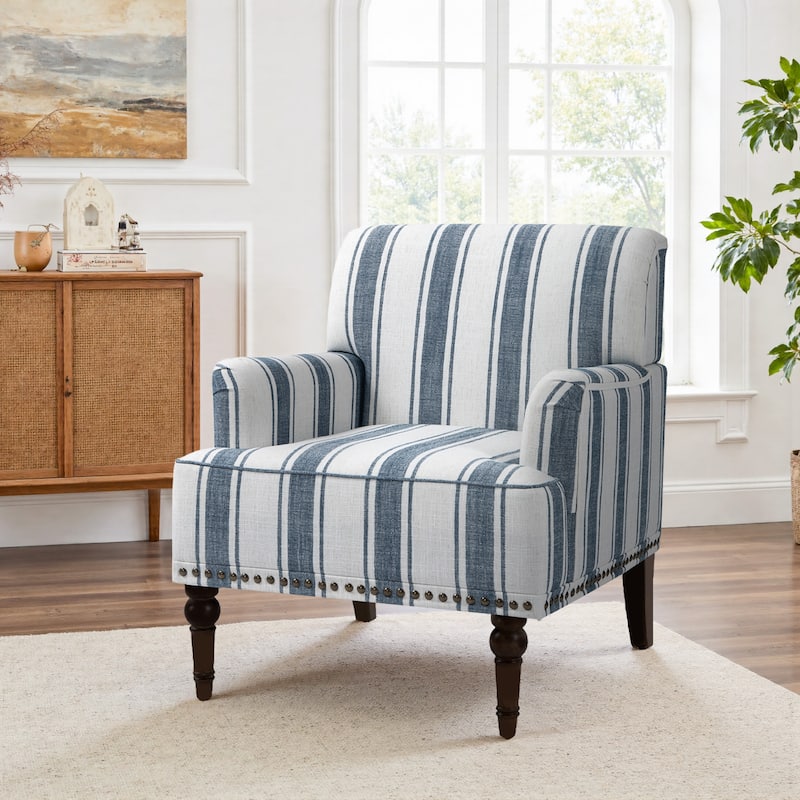 Stripe Linen Accent Arm Chair with Nailhead Trim and Wood Legs