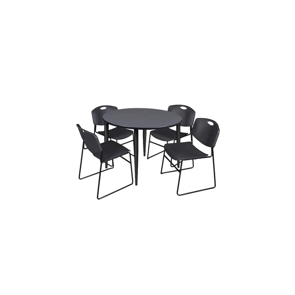48 in. Round Breakroom Table- Grey Top, Black Base & 4 Stack Chairs- Black