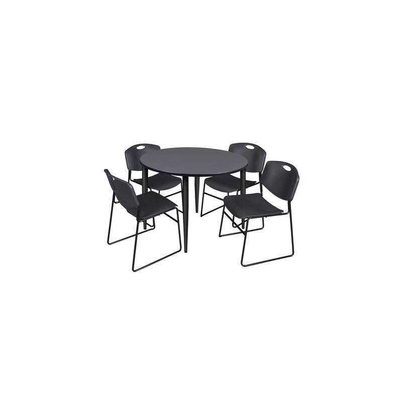 48 in. Round Breakroom Table- Grey Top, Black Base & 4 Stack Chairs- Black