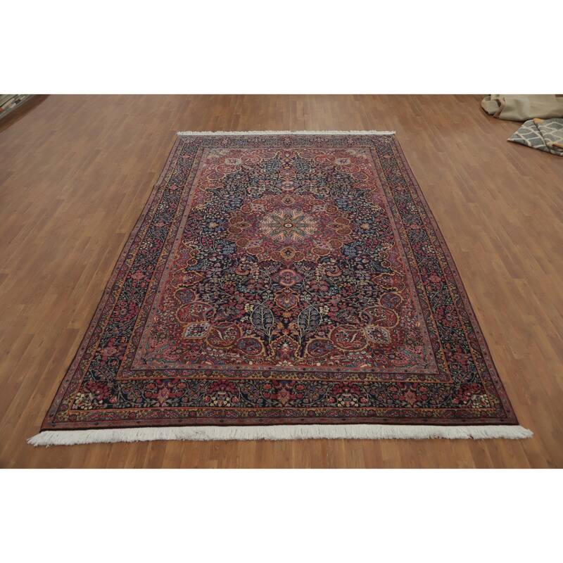 Hand Knotted Oriental 100% Wool Carpet Traditional Floral Navy Blue & Blues Tabriz Area Rug - 11' 7'' X 7' 9''