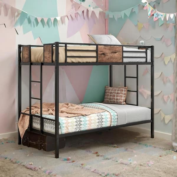 slide 2 of 11, Twin Over Twin Size Metal Bunk Bed with Double Safety Guard Rails, Heavy Duty, Space-Saving Design Black