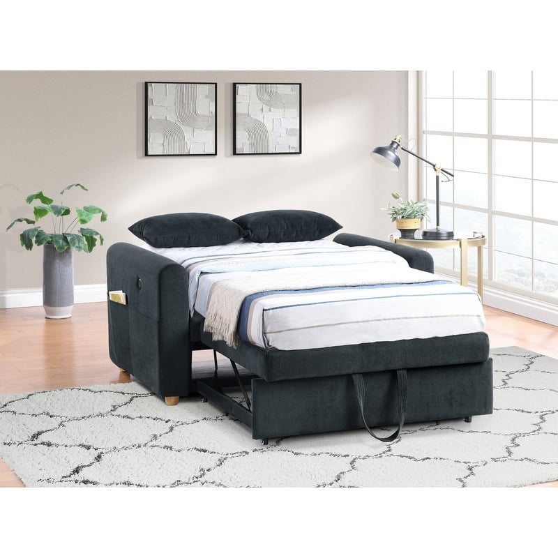 Marielle 55"W Corduroy Convertible Sleeper Loveseat with USB Ports, Magazine Pockets, and Pillows