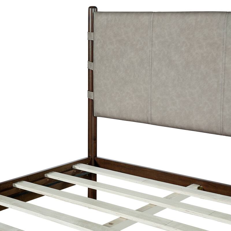 King Size Platform Bed Frame with Headboard, Walnut & Light Grey, Mid Century Modern Design