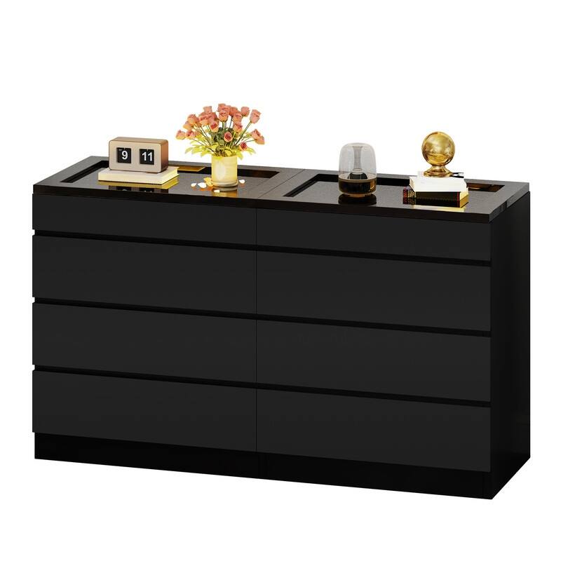 Modern 8-Drawer Dresser Chest Dresser of Drawer Organizers with LED Light High Gloss
