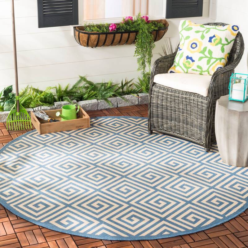 SAFAVIEH Beach House Anarsija Indoor/ Outdoor Waterproof Patio Backyard Rug - 6'7" Round - Cream/Blue