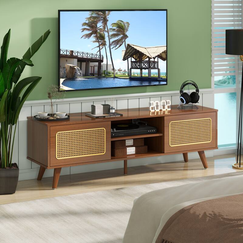 Boho Rattan TV Stand Media Storage Cabinets w/ Socket & USB Ports - Black Brown