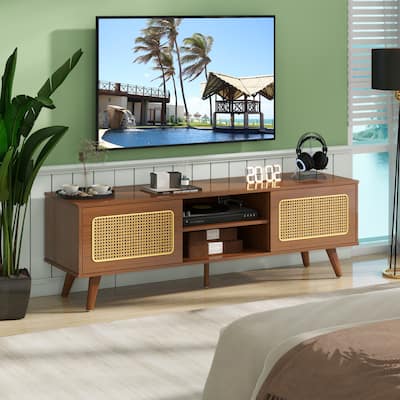 Boho Rattan TV Stand Media Storage Cabinets w/ Socket & USB Ports