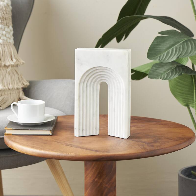 Marble Geometric Rectangular Decorative Sculpture with Arched Groove Interior - White, Black, Beige - Roche River Decor