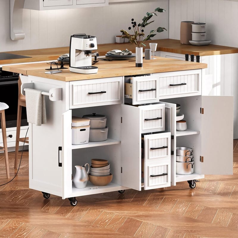 56.5" Kitchen Island with Drop Leaf and Charging Station, Rolling Kitchen Cart on Wheels with Drawers and Adjustable Shelves