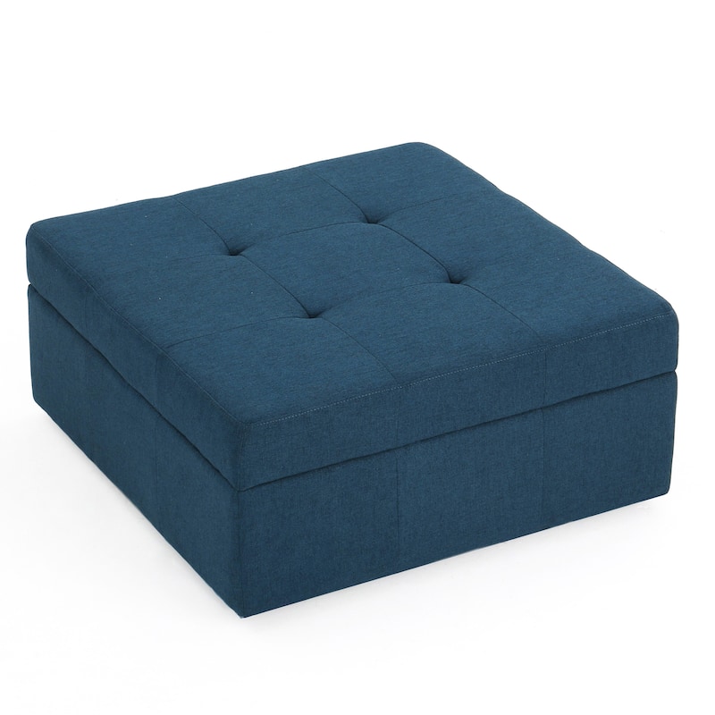 Low Accent Ottoman with Storage, 31 Inch Square, Tufted Navy Blue