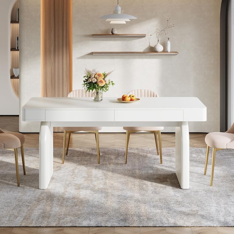 63-Inch Modern Dining Table with 2 Storage Drawers, Rectangular White Glossy Kitchen Table
