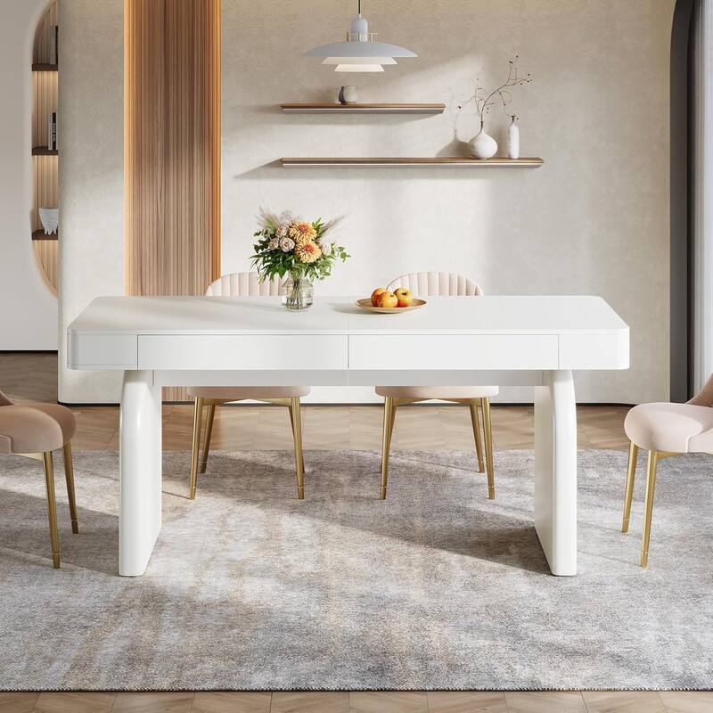 63-Inch White Dining Table with 2 Storage Drawers, Modern Rectangular Glossy Kitchen Table