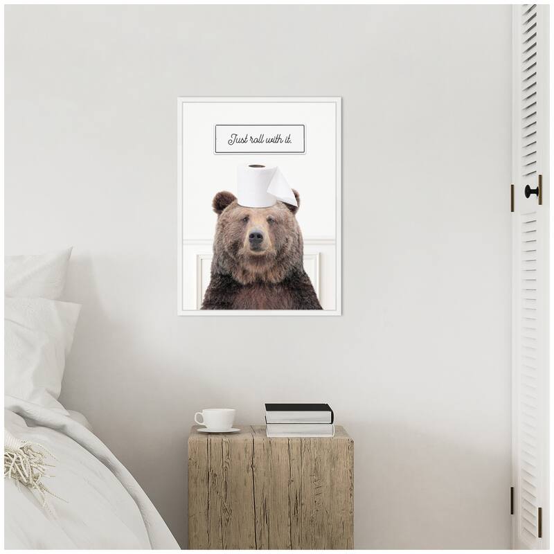 Kate and Laurel Sylvie Bear Just Roll with It Bathroom Framed Canvas by Amy Peterson
